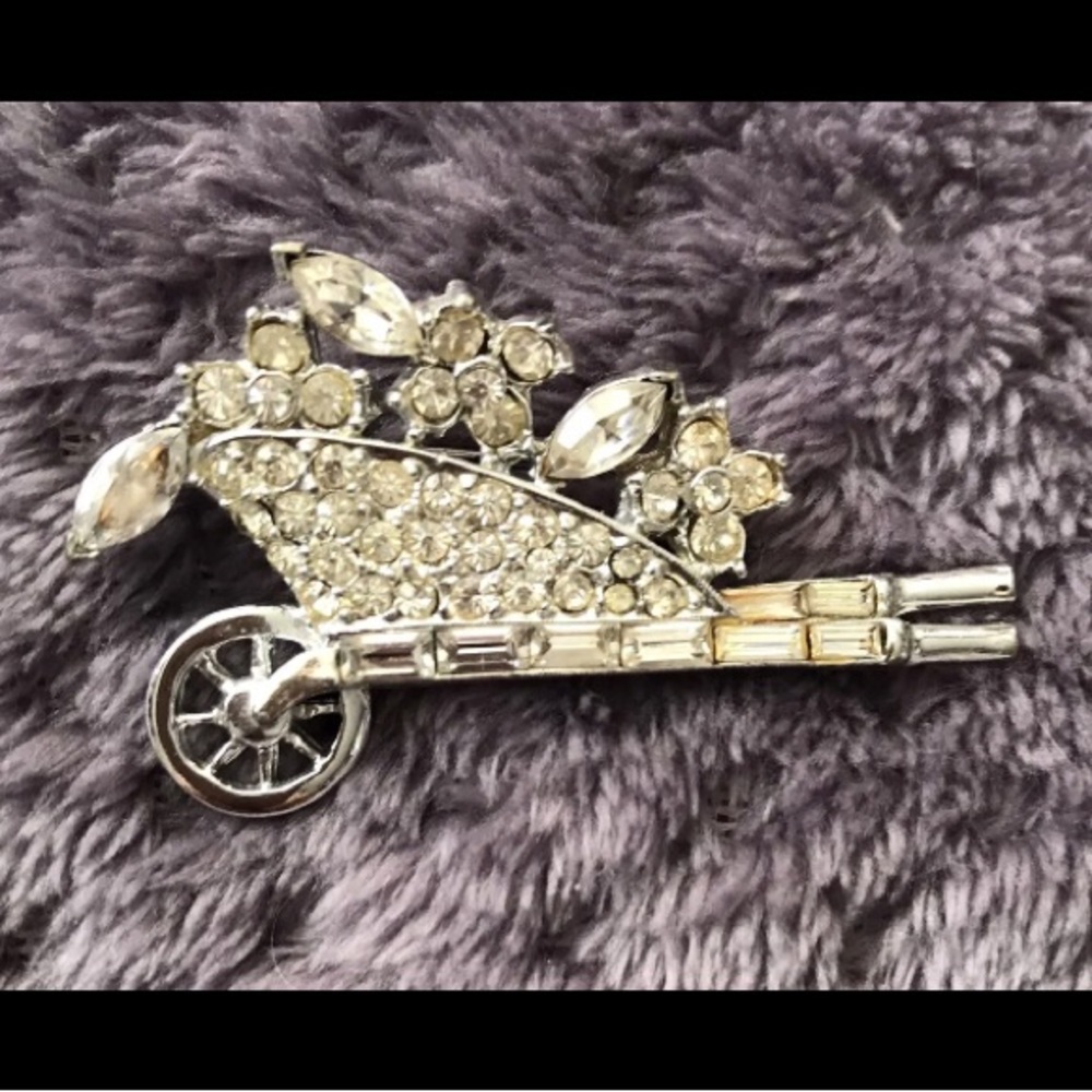 Vintage PELL BROACH  Silvertone Clear Rhinestone WHEELBARROW Pin Brooch